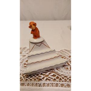 German Porcelain Inkwell From 1920 With A Small Seated Monkey