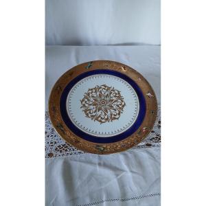 Round Dish In Limoges Porcelain, Gilded And Blue Decoration By Camille Le Tallec