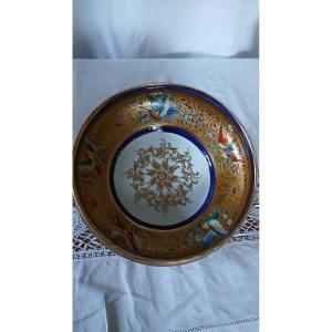 Limoges Porcelain Salad And Vegetable Bowl, Gilt And Blue Decoration, Birds By Camille Le Tallec