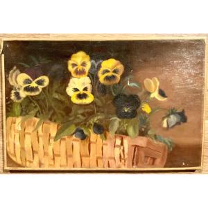 « panier De Dahlias » Huile Sur Toile, France XIXème Siècle.