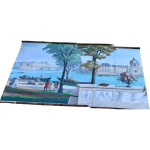 Large Panoramic Painted Canvas XVIIIth Century Style. Century, The Monuments Of Paris