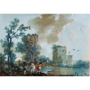 Italian Watercolor, Gouache Circa 1800 Representing Hunters In A Landscape
