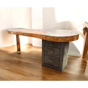 Desk In Slate And Copper Marquetry, Signed, Dated, Probably Unique Piece.