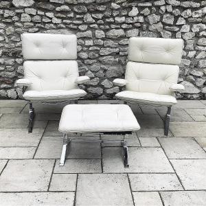 Pair Of Armchairs And Ottoman, “joker” Model, Large Model In Mougue Olive Leather