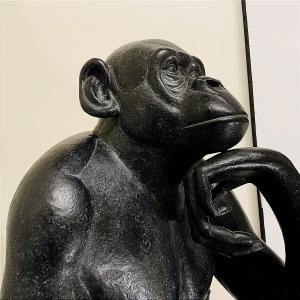 Pensive Bonobo, Bronze Animal Sculpture, French School By Florence Jacquesson