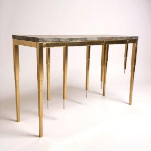 Brass And Onyx Console By Stéphane Le Meur, Unique Signed Piece.