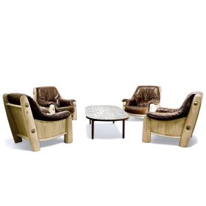 4 1950s/60s Oak And Leather Armchairs