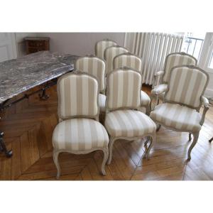 Set Of 6 Chairs And 2 Armchairs With Flat Backs In Louis XV Style