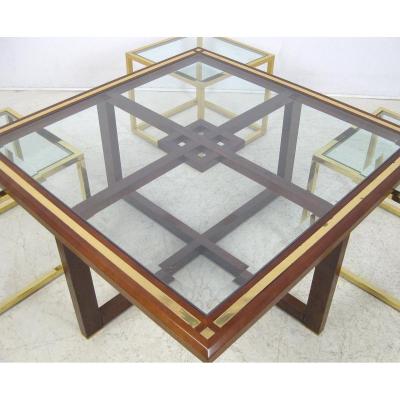 Coffee Tables Wood And Gilded Metal With 4 Bts. Sofa 1970s