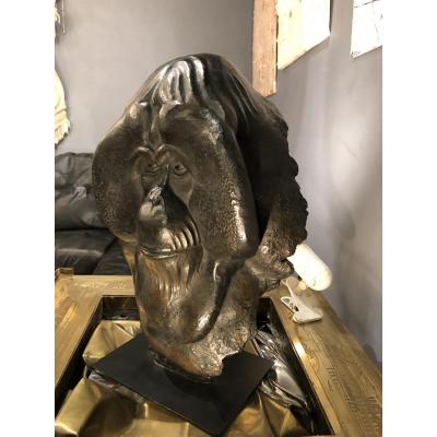 Bronze animalier. Fragment d' Orang Outan De FLORENCE JACQUESSON Signé, Numéroté 1/8 Et Cachet Du Fondeur BODIN.