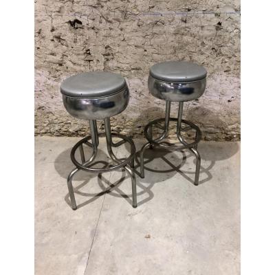 Paire De Tabourets De Bar En Chrome Et Simili-cuir Argent