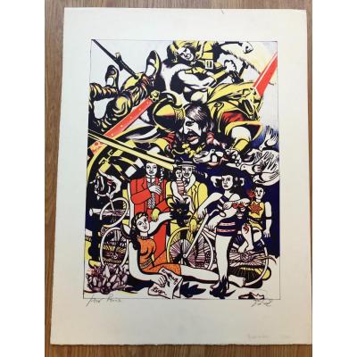 Lithograph "homage To Fernand Léger" De Goudmundur Erro, Signed, Dedicated.