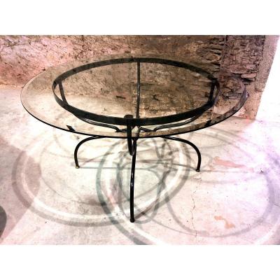 Wrought Iron And Brass Base Dining Table, Glass Top., 1980s