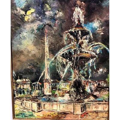 Painting Representing The Fountain Of The Place De La Concorde In Paris