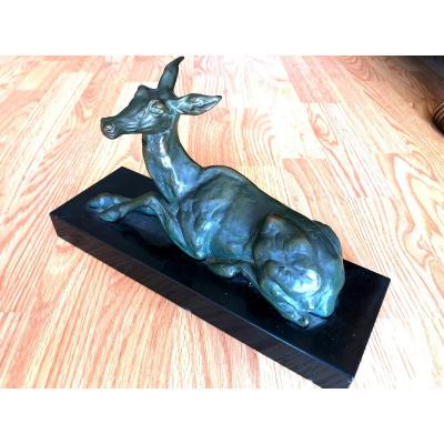 Bronze Doe Sculpture Signed Helbert