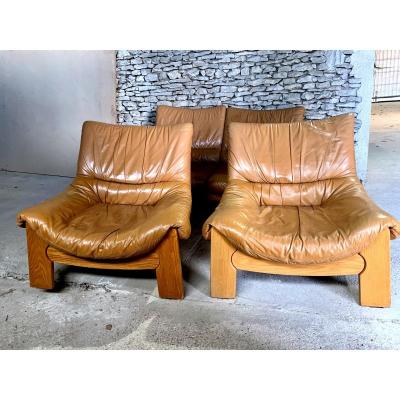 Salon From Luigi Gorgoni From Massiv Elm And Leather Roche Bobois édition 1960s/1970s