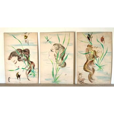 Three Watercolors Of Young Women Among Fishes ...