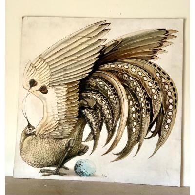 Beautiful Probably Imaginary Bird, Kind Of Peacock! Watercolor, Ink And Gouache.