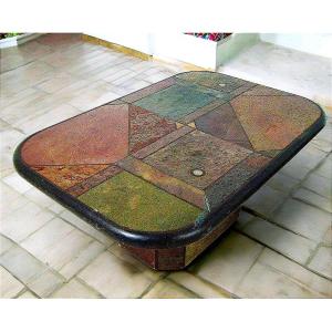 Coffee Table Early 1990s In Stone Marquetry And Brass.