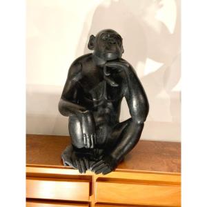 "pensive Bonobo" Animal Sculpture By Florence Jacquesson