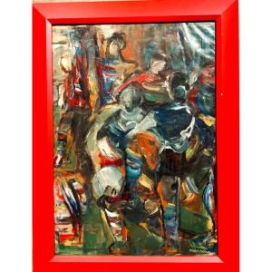 Framed Canvas Painting, "footballers" By Michel Patrix