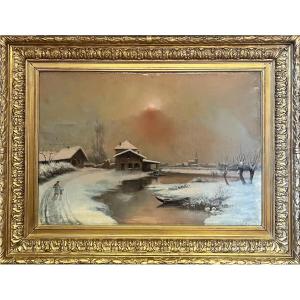 Oil On Canvas, Snowy Landscape By Léon Levigne