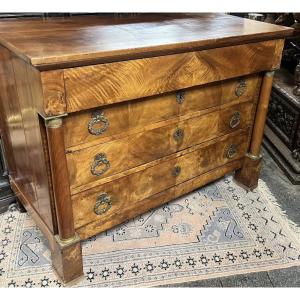 Empire-style Chest Of Drawers In Solid Walnut, Detached Columns, Bronze Mounts