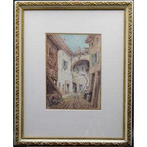Pair Of Watercolors Of The Old Town Of Cagnes.