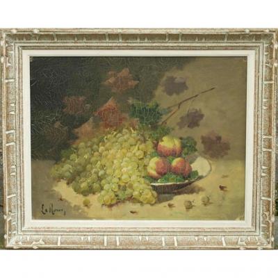 Still Life With Grapes And Peaches. Leroux For Brunel De Neuville.