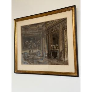 Living Room In A Signed Chalk Pastel French Chateau
