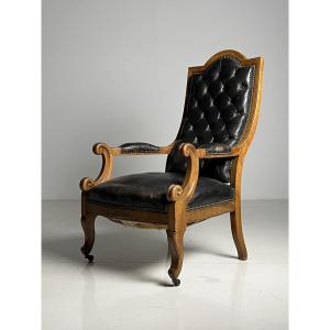 French Library Chair In Black Leather 1890
