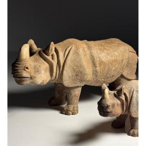 Large-scale, Hand-carved Rhinoceros Sculptures, 1960