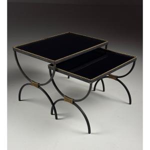 Vintage Nesting Tables In Black Glass