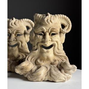 Satyr Masks, Italian Hand-carved Marble