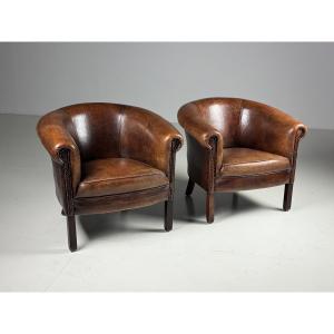Set Of 2 Sheepskin Leather Club Chairs
