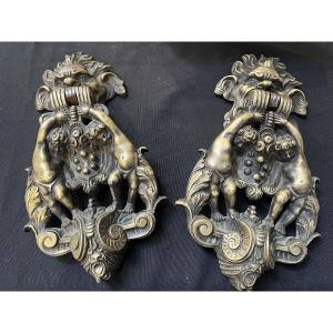 Pair Of 19th Century Bronze Door Knockers With Baby Putti 