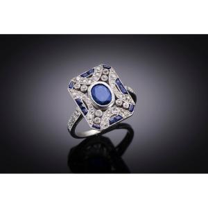 Art Deco Unheated Sapphire Ring (laboratory Certificate) And Diamonds