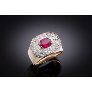 Intense Red Burmese Ruby Ring (laboratory Certificate) Diamonds. French Work Around 1940.