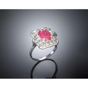 Art Déco Natural Unheated Ruby 3.34 Carats (certificate) And Diamond Ring