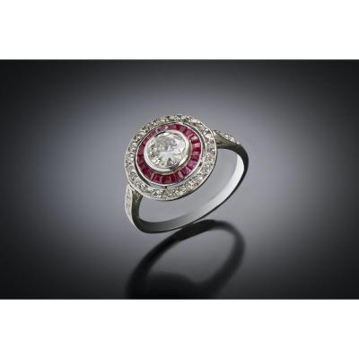 French Art Deco Diamond Ring (0.80 Carat Center) And Ruby