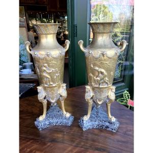 Pair Of Gilt Bronze Vases By F. Levillain & F. Barbedienne