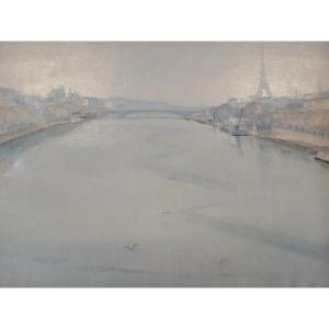 Oil On Canvas, Paris Seen From The Seine And The Eiffel Tower, By Auguste Bernard