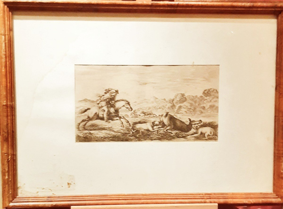 Antica stampa settecentesca con scena di caccia e paesaggio-photo-2