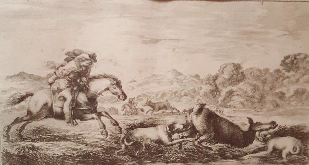 Antica stampa settecentesca con scena di caccia e paesaggio