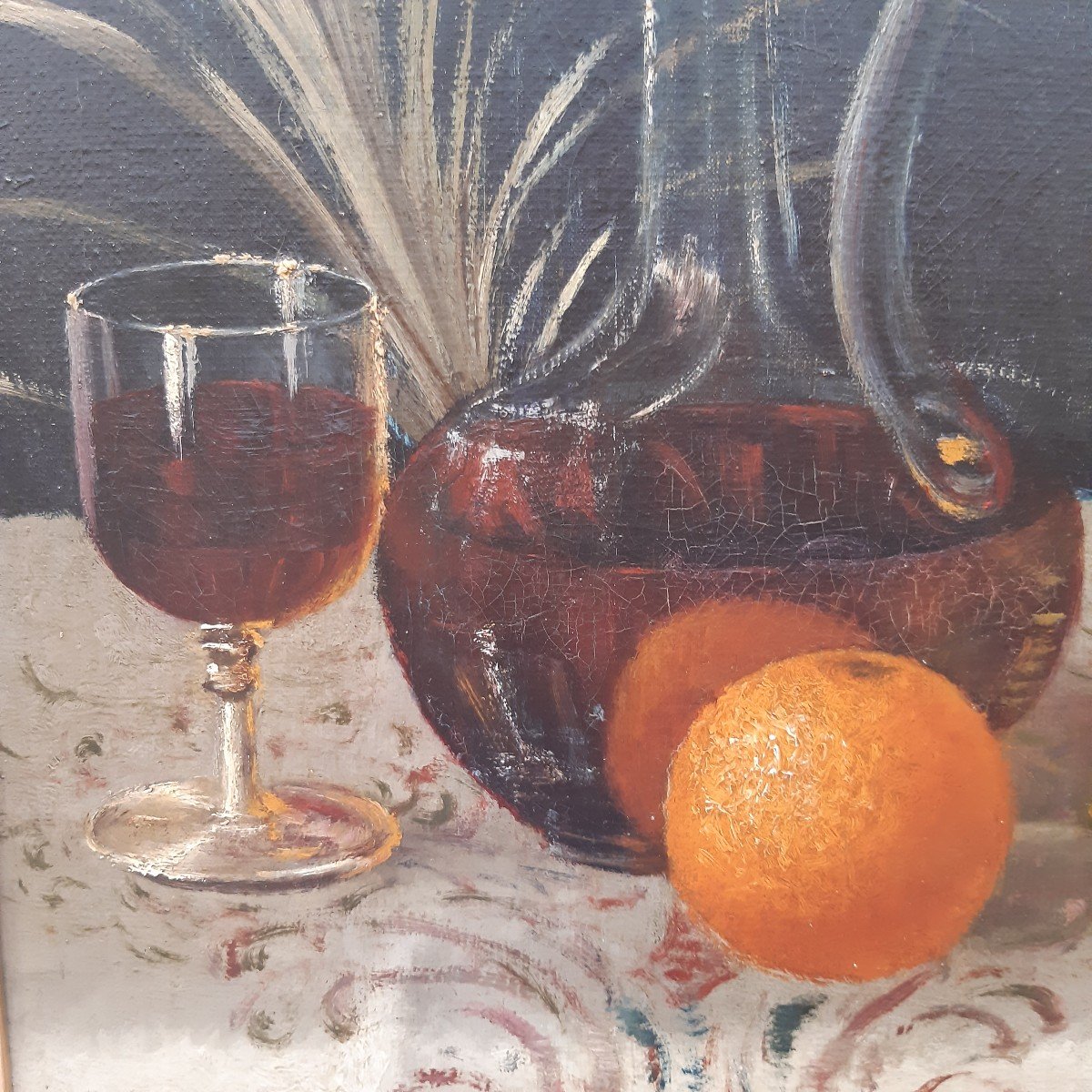 Dipinto olio su tela, composizione di frutta e bottiglia di vino-photo-3