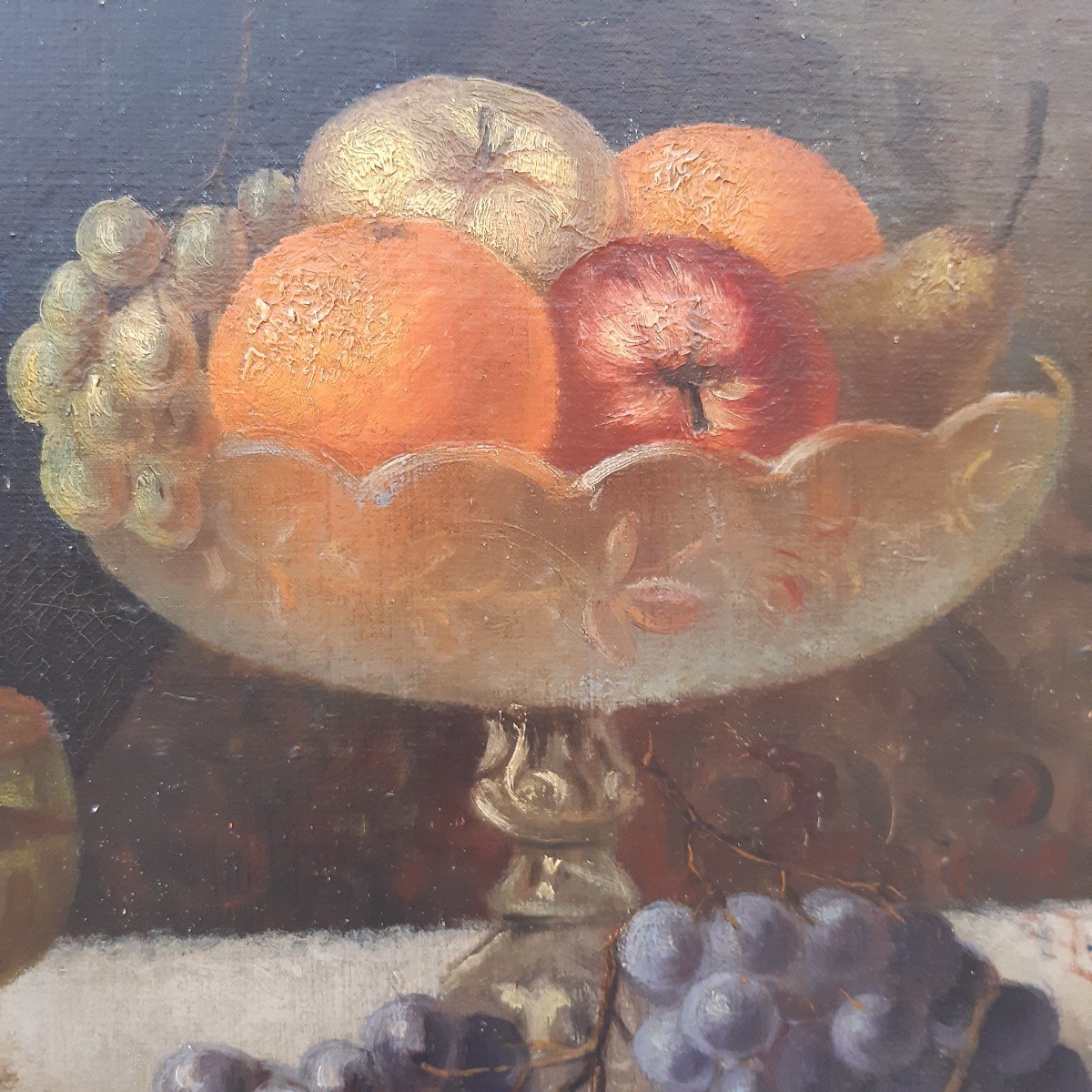 Dipinto olio su tela, composizione di frutta e bottiglia di vino-photo-4