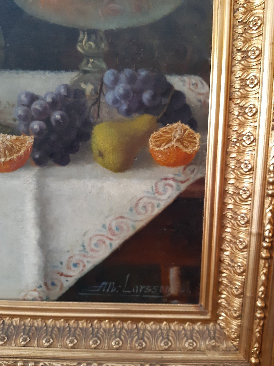 Dipinto olio su tela, composizione di frutta e bottiglia di vino-photo-1