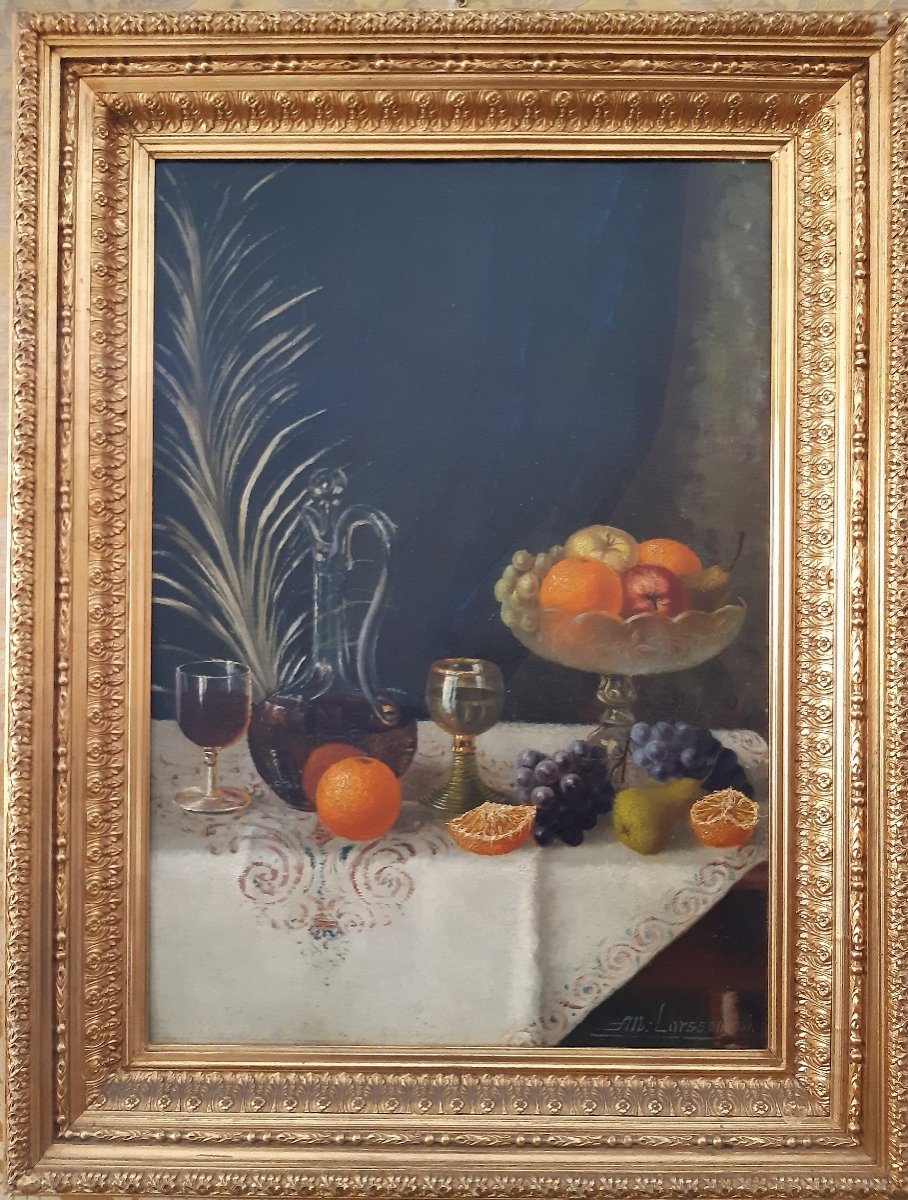 Dipinto olio su tela, composizione di frutta e bottiglia di vino-photo-2