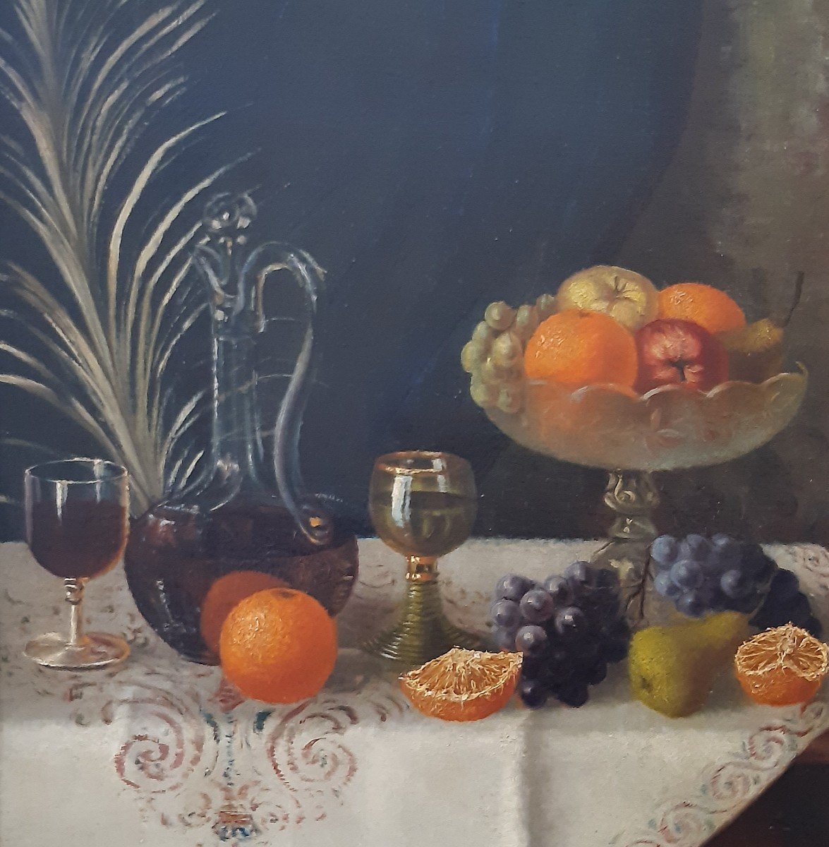 Dipinto olio su tela, composizione di frutta e bottiglia di vino