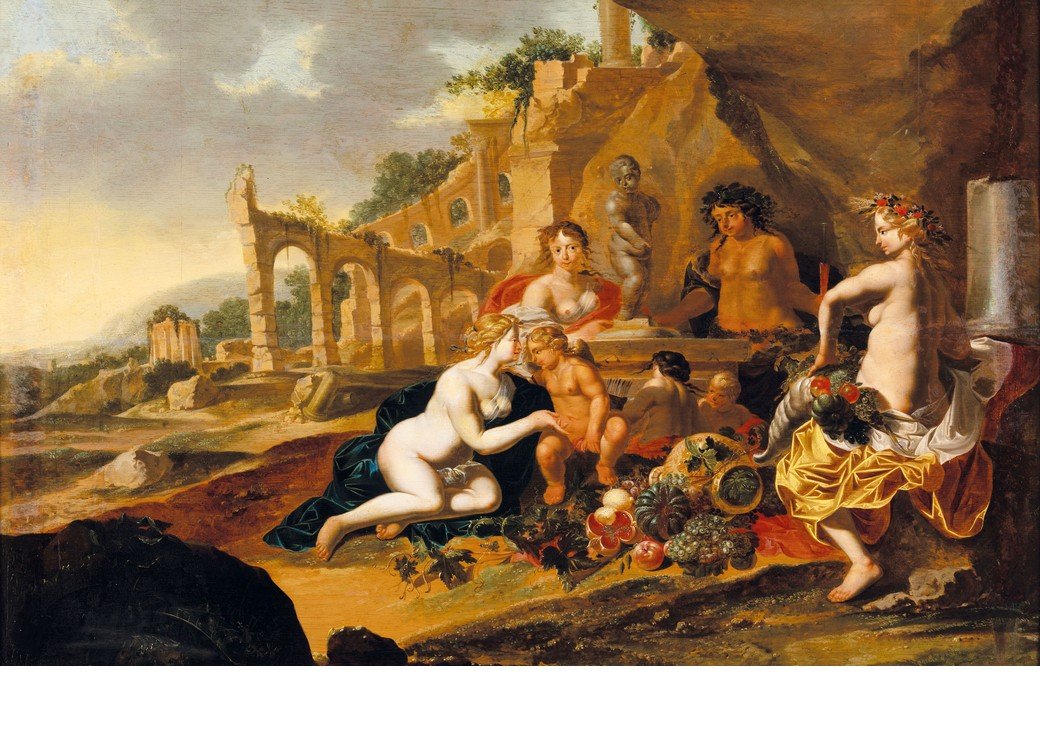 Dipinto olio su tavola neoclassico raffigurante baccanale con divinità mitologiche-photo-2